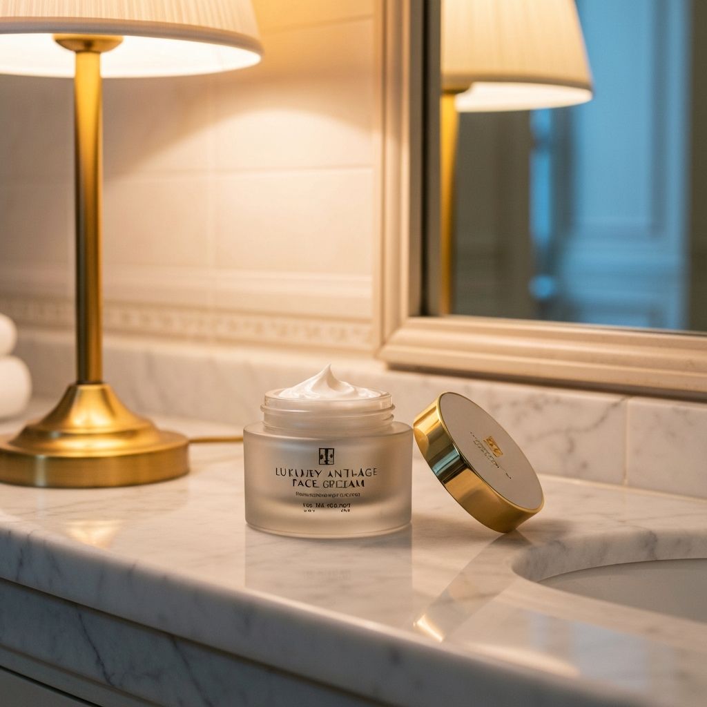 Crema viso anti-invecchiamento in vasetto di vetro su superficie di marmo